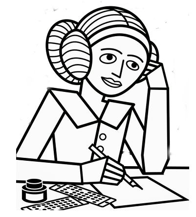 Le premier logo du challenge : Ada Lovelace dessinée au trait, en noir et blanc, une plume à la main, devant un encrier